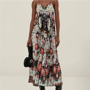 FARM Rio Pleated Floral Maxi Dress Black Blue Multicolor Tie-back Small
